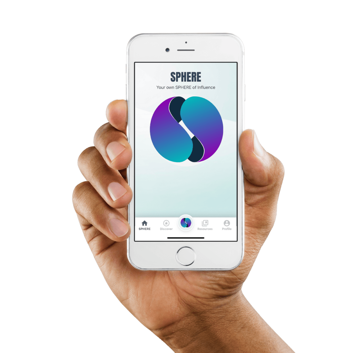 A hand holding a smartphone displaying the SPHERE app on the screen. The app features a modern, gradient logo in the center and a navigation bar at the bottom with icons labeled SPHERE, Discover, Resources, and Profile. The background is a solid deep blue